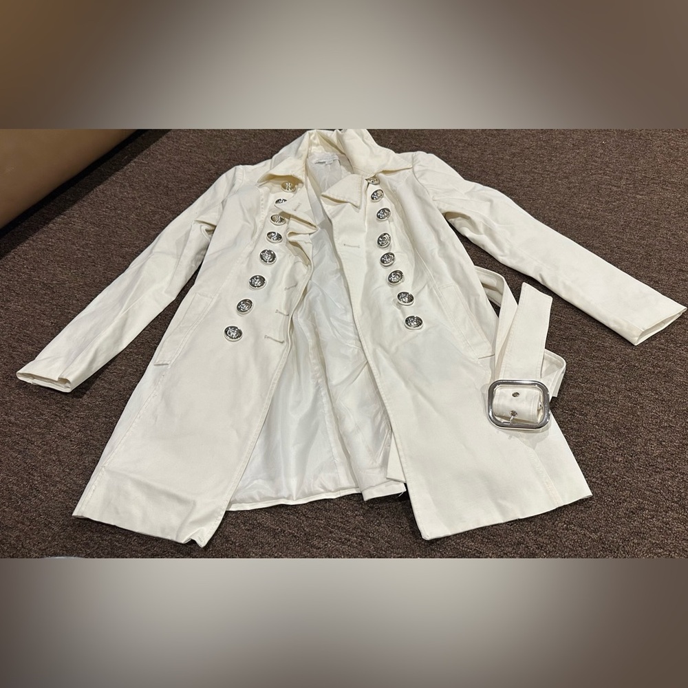 New York & Co Women's S Elegant Cream Women's Trench Coat Silver buttons belt - Picture 1 of 7